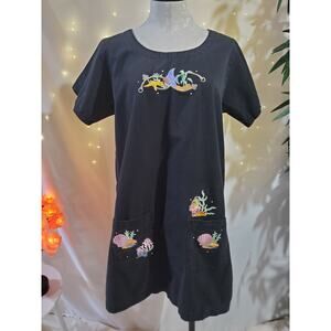 Raquel by Tia Designs Vintage Rhinestone Tropical Fish Black Dress Womens Size M